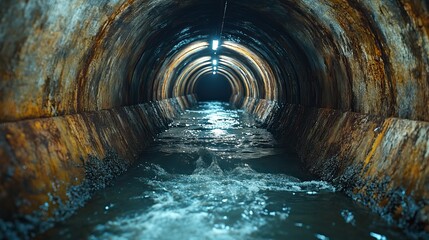 Naklejka premium An underground oil pipeline featuring black and blue pipes with water flowing through a dirty tunnel
