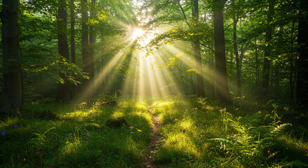 Fototapeta premium A sunbeam piercing through a dense forest, illuminating a path with a magical golden light, creating a mystical atmosphere