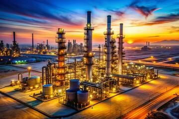 Fototapeta premium Desert Oil Refinery at Twilight: Industrial Energy Production in the Evening