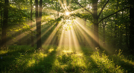 Obraz premium A captivating scene of sunlight filtering through the trees, creating a magical and ethereal ambiance, with a sunbeam piercing through a dense forest
