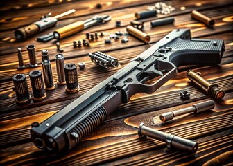 Disassembled Firearm Components: Close-Up View of Gun Parts on Table, Labeled and Organized for Educational Purposes