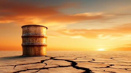 Naklejka premium A solitary oil barrel stands on cracked earth during sunset, symbolizing environmental issues and the impact of resource exploitation