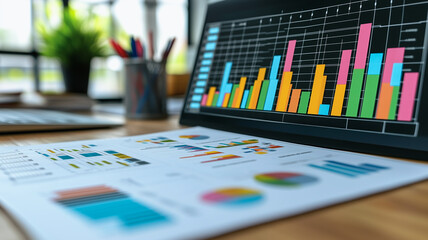 Data Analysis: A close-up shot of a laptop screen displaying a colorful bar graph, alongside printed charts and graphs, emphasizing the vital role of data in contemporary business.