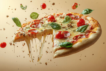 Slice of pizza with colorful toppings, fresh from the oven, on a rustic wooden table in a cozy pizzeria.
