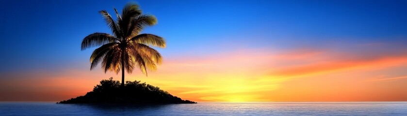 Palm Tree Silhouette at Sunset: A solitary palm tree stands tall on a small island, silhouetted against the vibrant hues of a breathtaking sunset. The scene captures a sense of tranquility and peace.