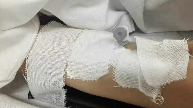 A preschool-age child lies in a hospital bed and receives medications through an intravenous drip