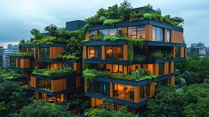 Fototapeta premium Apartment and business buildings in a city utilize sustainable architecture, incorporating green glass and eco-friendly materials to minimize their carbon footprint