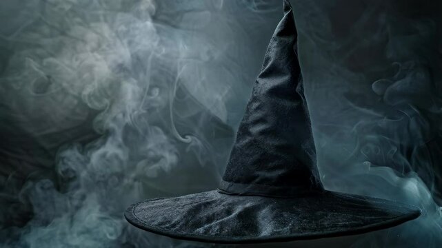 Halloween hat on dark background with smoke and copy space