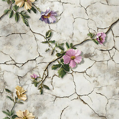 Vintage Floral Painting on Cracked Plaster Wall with Delicate Flowers and Vines