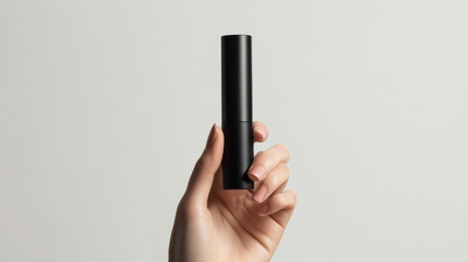 Elegant hand holding a sleek black mascara tube against a neutral background