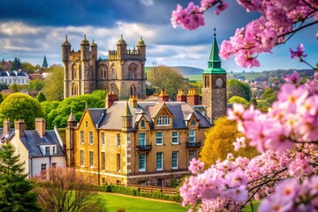 Obraz premium Bangor Castle & Town Hall Springtime Minimalist Photography - Northern Ireland