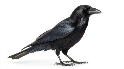 Obraz premium Solitary Crow Perched on White Background - A Stunning Avian Portrait