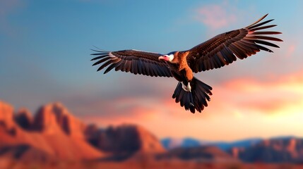 Obraz premium A magnificent condor takes flight against a breathtaking sunset sky.