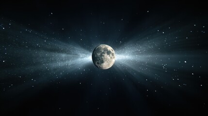 The full moon glowing in supernatural hues, celestial beams weaving through a galaxy of radiant stars