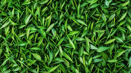 A dense layer of vibrant green tea leaves, showcasing their rich texture and natural beauty, fills the frame, creating a lush, fresh appearance.