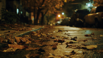 Street with leaves on wet sidewalk during autumn night with lights and trees in an urban area