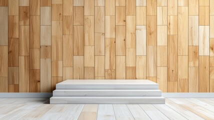 A minimalist wooden interior featuring a simple platform against a wooden wall, creating a serene and modern atmosphere.