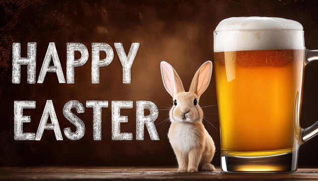 A chalked "Happy Easter" message is displayed beside a small rabbit and a large beer stein.
