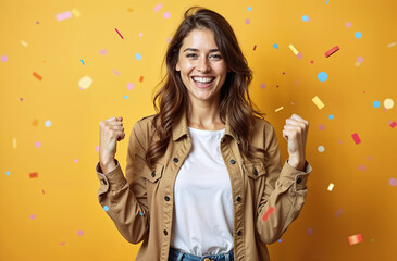Happy successful young woman celebrating with her fist raised, isolated on a yellow background with confetti