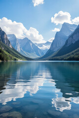 Serene Mountain Lake Reflected in Clear Blue Water under Clouds