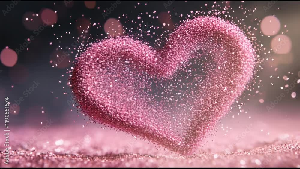 Poster pink glitter forming a heart shape is dissolving and sparkling on a pink glitter background with bok