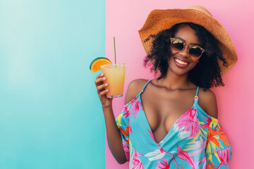 Obraz premium Smiling woman with sunhat, sunglasses, and tropical dress holding an orange drink on a blue and pink background