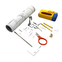 Engineering Blueprint with Tools: A Close-Up of Essential Equipment for Precision and Construction