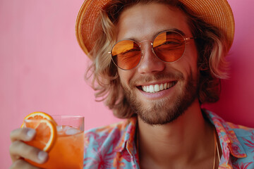 Obraz premium Happy young man with sunglasses and sunhat enjoying a refreshing orange drink on a summer vacation