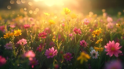 Obraz premium Beautiful colorful flowers in spring sunny meadow. Spring or summer background for Easter, Mother's Day, Women's Day, wedding. Nature wallpaper, banner, poster with copy space