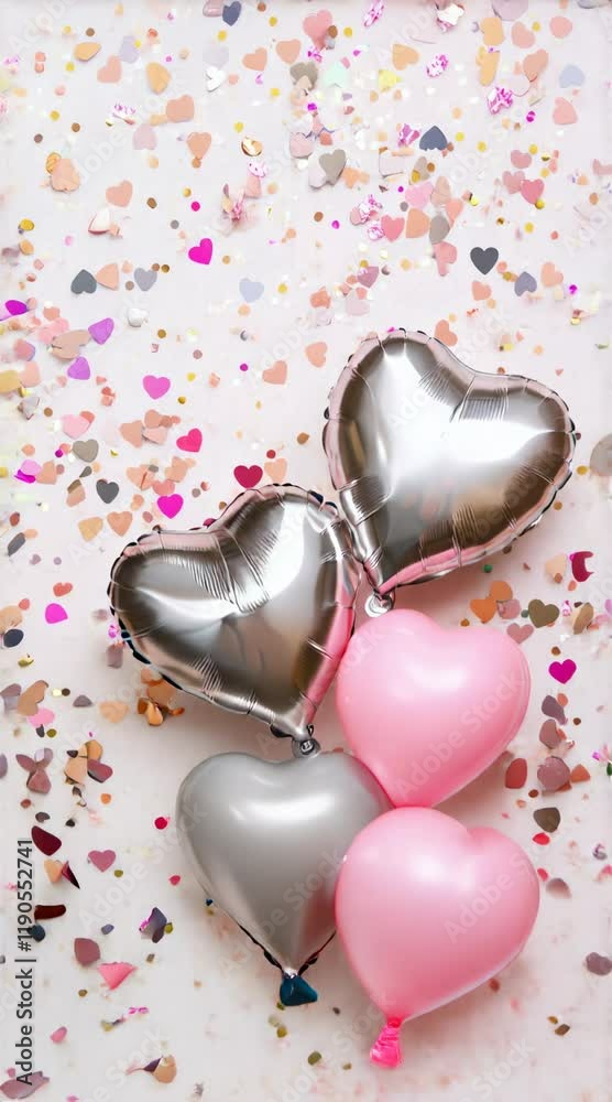 Aufkleber pink and silver heart shaped balloons are floating on a background of colorful confetti, creating a 