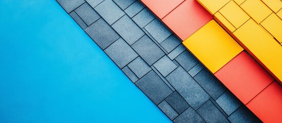 Abstract Colorful Geometric Shapes and Tiles: A Vibrant Composition of Blue, Gray, Red, and Yellow