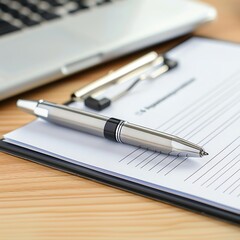 Naklejka premium Approval process shown in a photo of a clean desktop with a pen resting beside an application form.