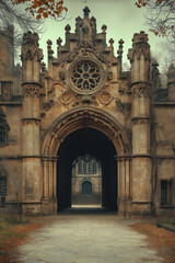 Obraz premium Entrance of a medieval church. Gothic architecture. Intricate details. Created with Generative AI technology