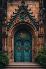 Fototapeta premium Entrance of a medieval church. Gothic architecture. Intricate details. Created with Generative AI technology