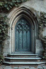 Fototapeta premium Entrance of a medieval church. Gothic architecture. Intricate details. Created with Generative AI technology