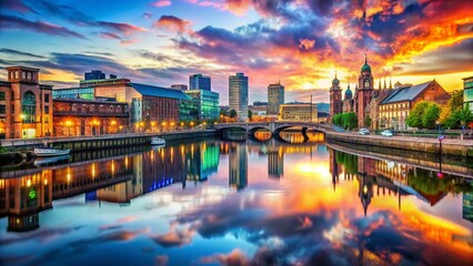 Fototapeta premium Belfast Cityscape Double Exposure: River Lagan & Urban Skyline