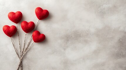 Red felt hearts bouquet on grey background