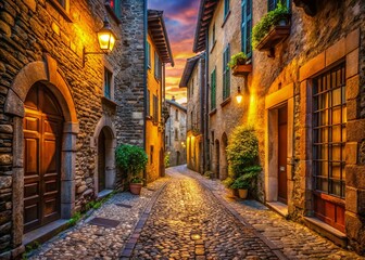 Fototapeta premium Bergamo Citta Alta: Charming Medieval Street in Italy - Stock Photo