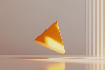 Floating Orange Triangle in Minimalist Space with Light and Shadow Play
