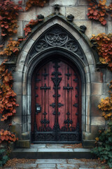 Obraz premium Entrance of a medieval church. Gothic architecture. Intricate details. Created with Generative AI technology