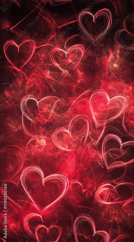 Poster red and pink hearts are floating on a vibrant, textured background, creating a romantic atmosphere p