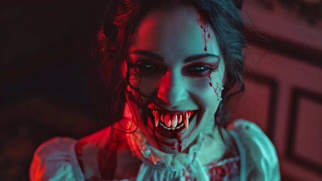 close up portrait of female vampire with blood on face