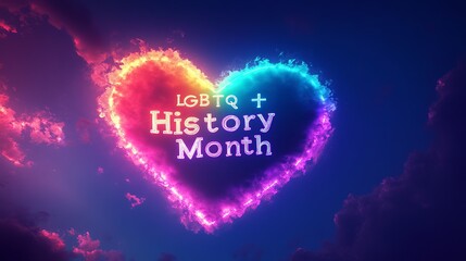 Heart-Shaped Rainbow Cloud with 'LGBTQ+ History Month' Written in Glowing Letters Across the Sky