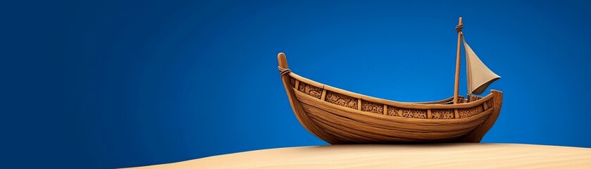 Wooden Sailing Boat on Sandy Shore: A handcrafted wooden sailing boat rests on a sandy shore against a vibrant blue sky, evoking a sense of adventure, exploration, and tranquility. 