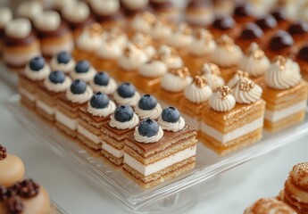 An Exquisite Display of Gourmet Pastries Featuring Layers of Cream, Fruit, and Decorative Toppings in an Elegant Setting for Dessert Enthusiasts