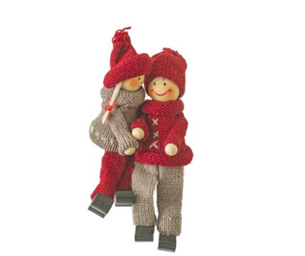 toy figures of hugging girl and boy in knitted suits suits sitting.  Isolated on white background. Isolated on transparent. png format available 