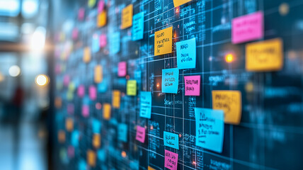 Project Brainstorming: A vibrant wall covered in colorful sticky notes, representing a dynamic and collaborative project brainstorming session.