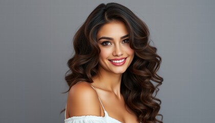 A woman with long brown hair is smiling and posing for a picture