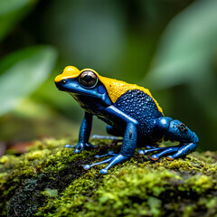 Obraz premium Vibrant blue and gold poison dart frog perched on mossy rock in lush rainforest.