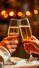 Two people are holding up their champagne glasses to toast